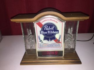 Pabst Blue Ribbon Beer Sign Lighted 1981 Digital Clock Bar Light Vintage Lighted