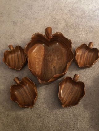 Vintage 5 Piece Monkey Pod Wood Wooden Salad Bowl Set Leaf Shape Bowls