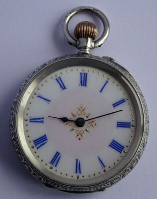 Swiss Antique Solid Silver Fob Pocket Watch With Gilt Dial & Blue Numerals.