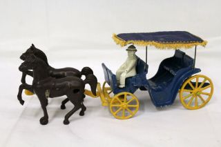 Vintage Stanley Toys Cast Iron Horse Drawn Carriage Buggy With Man Blue & Yellow