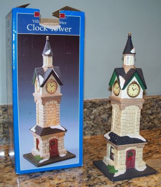 Vintage Holiday Time Christmas Village Accessory Lighted Clock Tower Figurine