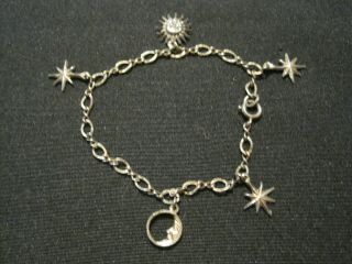 Vintage Sterling Silver Charm Bracelet With Stars And Moon And Sun 7 " Long