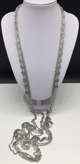 Vintage Designer Signed Monet Silver Tone Chain Statement Necklace Multi Strand