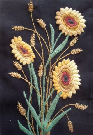 Vintage Hand Embroidered Sunflowers On Black Completed Crewel Stitchery 25 " X15 "