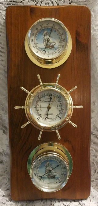 Vintage Springfield 3 Gauge Weather Station Nautical Ship Barometer Thermometer