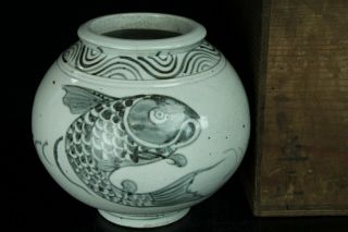 Aug196 Korean Blue&white Porcelain Vase Pot Jar Fish Design