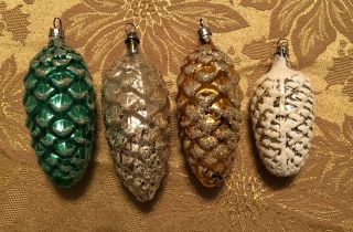Set Of 4 Vintage Christmas Ornaments West Germany Hand Blown Pinecones