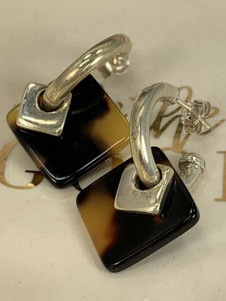 Vintage Thailand Sterling Silver.  925 Tortoise Shell Square Charm Post Earrings