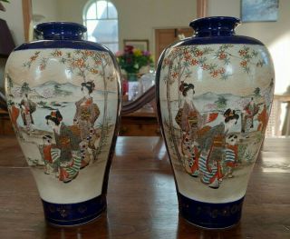 Antique 19th C Large Japanese Satsuma,  Gosu / Cobalt Blue Vases Signed