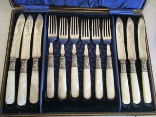 Antique 19th Century H.  Wolf Boxed Silver Plate Cutlery Mother Of Pearl Handles