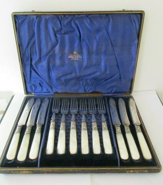 Antique 19th century H.  Wolf Boxed Silver plate cutlery Mother of Pearl Handles 2