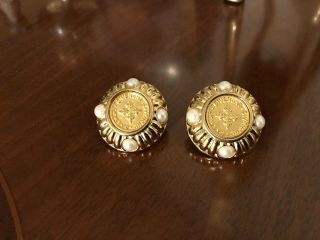 Vintage Givenchy Gold Tone Logo Pierced Earrings Pearl Signed
