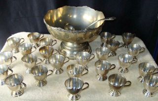 Lovely Vintage Nickel Silver Japan 22pc Punch Bowl Set,  Ladle & 20 Cups