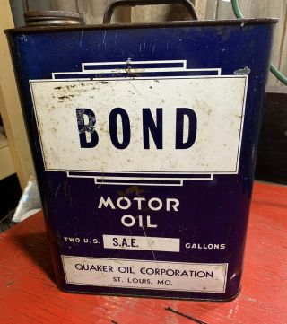 Vintage Bond Motor Oil 2 Gallon Metal Can Gas Station Quaker