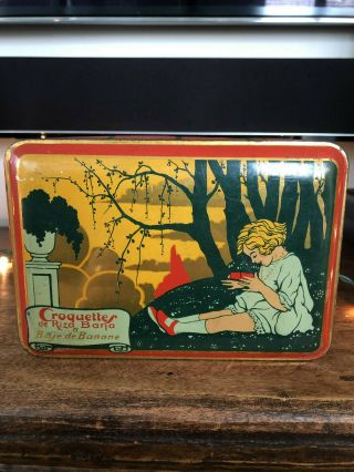 Vintage French Girl Art Deco Art Nouveau Tin Candy Chocolate Bon Bon Canister