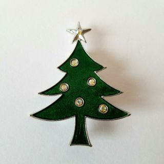 Vintage Tancer Ii Signed Christmas Tree Brooch Pin Art Deco Enamel Green