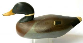 Vtg Hand Carved Painted Eye Drake Mallard Duck Decoy Folk Art With Stand