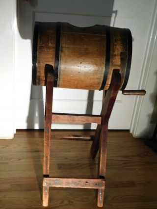 Antique Primitive Barrel Butter Churn Wood And Black Metal With Stand