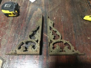 Pair Antique C1890 Cast Shelf Brackets Pretty Design & Detail 8.  5” X 6” X 1.  25”