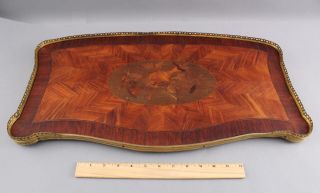 Antique Marquetry Inlay Wood Serving Tray,  Gilt Brass Rim,