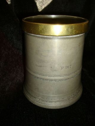 Antique Victorian Pint Pewter Tankard - Measure W/ Brass Rim - Harry Mason Ltd