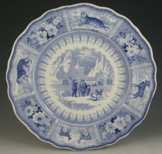 Antique Pottery Pearlware Blue Transfer Arctic Scenery 10 " Plate 1835 Perfect