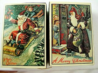 Two Vintage Santa Postcard 12 Pc Mini Puzzles In Boxes To Solve & Hang On Tree