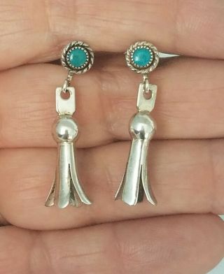 Vintage Zuni Sterling Silver Squash Blossom Earrings Petit Point Turquoise