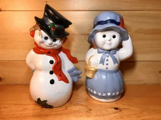 Vintage Ceramic 11 " Snowman & Woman Figurine Byron Mold 1971 Christmas Ornaments