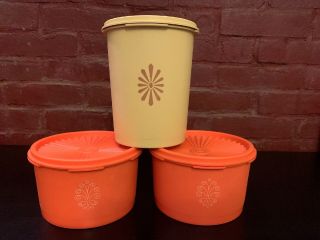 Set Of 3 Vintage Tupperware 1 Yellow 2 Orange Servalier Canisters With Lids