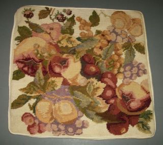 Vintage Needlepoint Pillow Cover Velvet Backing Floral Fruit Pattern