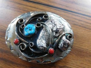 Vintage Navajo Silver Turquoise & Coral Belt Buckle With A Silver Bear