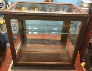 Oak Store Small Antique Counter Top Display Case W/2 Glass Shelves - Painted Brown
