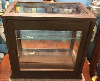OAK STORE SMALL ANTIQUE COUNTER TOP DISPLAY CASE W/2 GLASS SHELVES - PAINTED BROWN 2