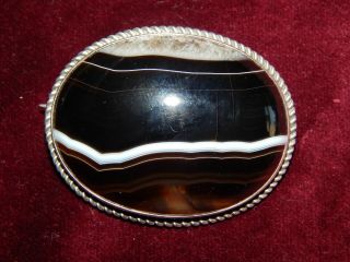 Large Antique Victorian Silver Banded Agate Domed Brooch Scottish Agate 1890 