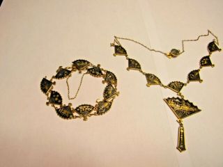 Vtg.  Japanese Damascene Fan Shaped Necklace And Bracelet,  24kt Gold Plated Inlai
