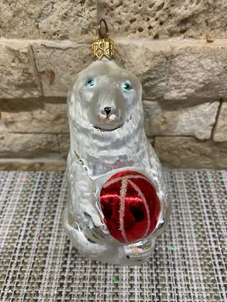 Christopher Radko Vintage Glass Christmas Ornament Silver Polar Bear w/ Ball 3
