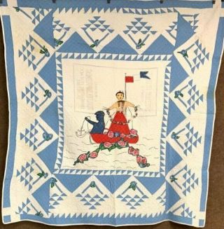Folky Art C 30s Woman Man Boat Pictorial Baskets Quilt One Of Kind