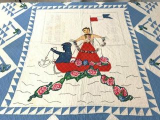 Folky Art c 30s Woman Man BOAT Pictorial BASKETs Quilt ONE of KIND 2