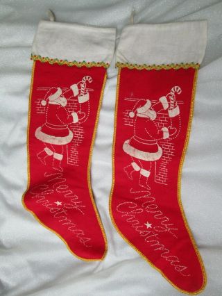 2 Vintage Christmas Felt Santa " Merry Christmas " Stencil Stockings