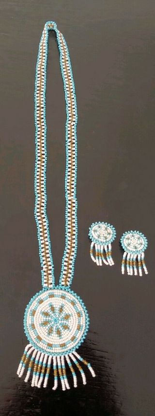 Vintage Handmade Native American Beaded Necklace Clip Earrings Set Dreamcatcher