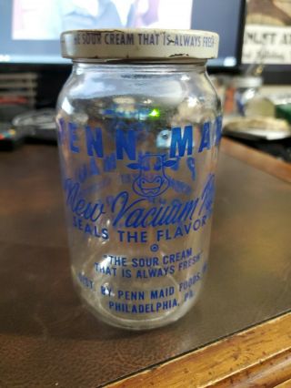Vintage Glass Sour Cream Jar Penn Maid Dairy Phila.  Pa Lehigh Co - op Allentown 3