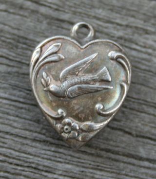Vintage Sterling Puffy Heart Charm - Bird With Olive Branch & Swirls Border