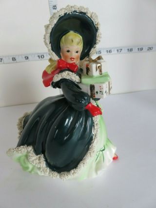 Vintage Napco Christmas Girl In Green Coat With Gifts 7 Inches Tall