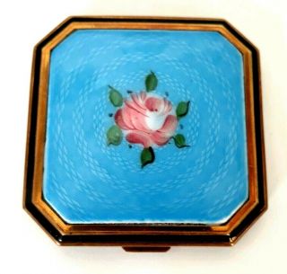 Vintage Evans Square Powder Compact With Blue Guilloche & Black Enameled Lid.