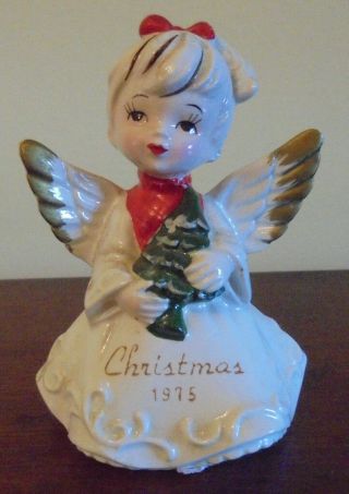Vintage Shafford 1975 Porcelain Angel Figurine Holding Christmas Tree Gold Trim