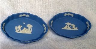Vintage Wedgwood - White On Blue Jasperware - 2 Oval Scalloped Trinket/pin Dishes