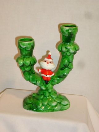 Vintage 1960 Holt Howard Ceramic Christmas Santa Tree 2 Candle Holder Candelabra