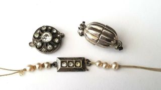 Antique - X3 Solid Silver Necklace Clasps - Paste Set & Barrel Style - C1880 - 1910