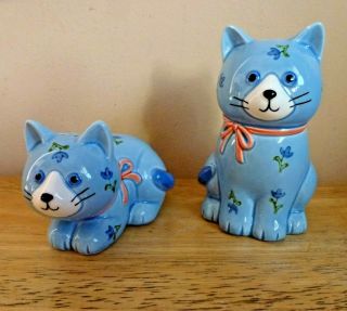 Vintage Otagiri Japan Hand Crafted Ceramic Blue Cat Floral Salt Pepper Shakers